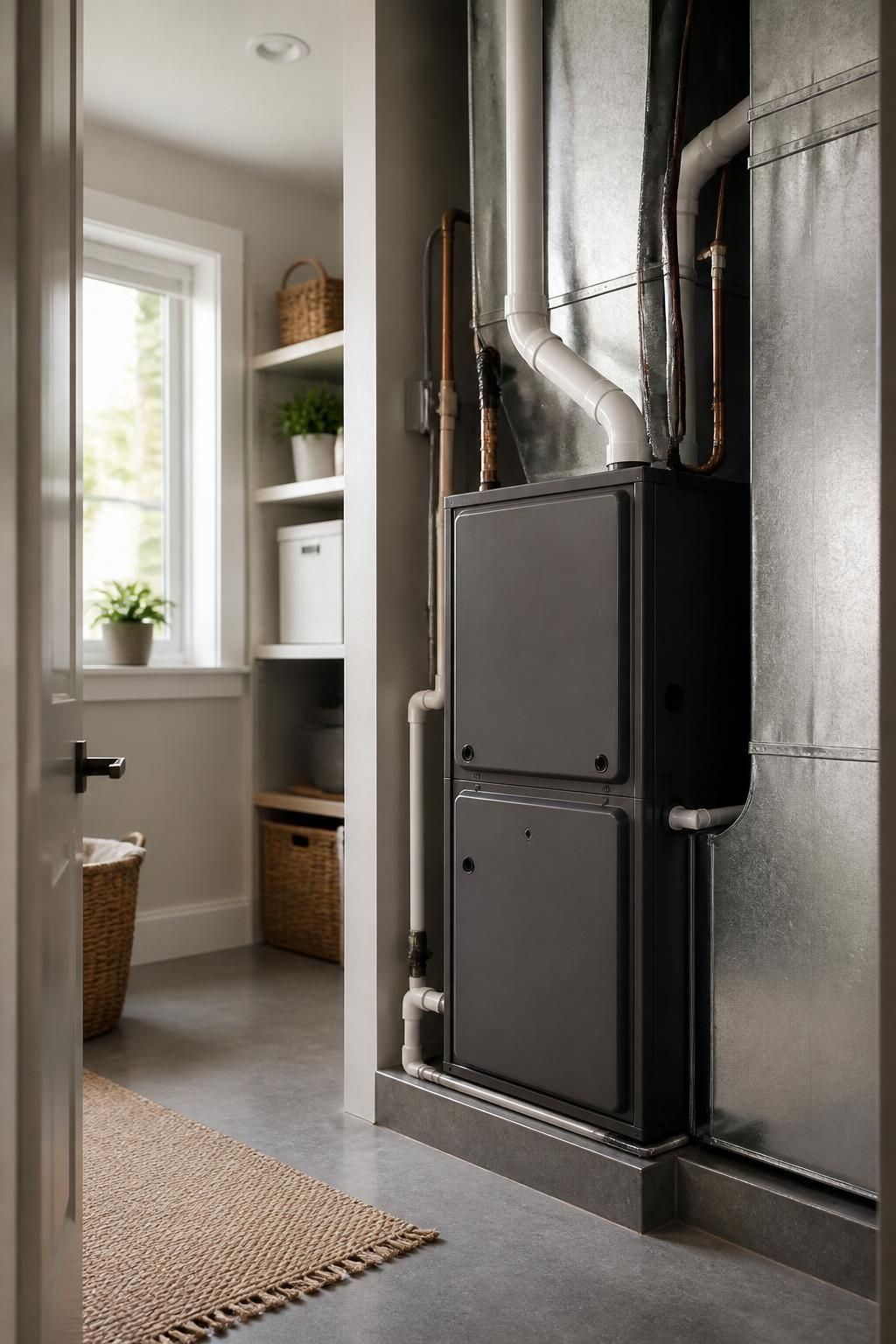 Clean residential mechanical room with a neatly installed furnace.